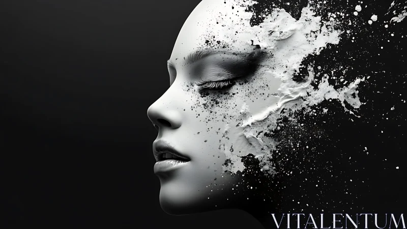 Monochrome female profile with dissolving abstract texture.