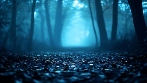 Fog-drenched forest path dissolves into cold blue distance