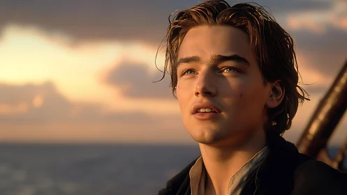 Sunlit dreamer gazes seaward as the sky quietly burns