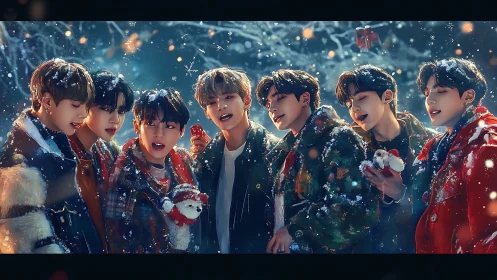 Seven young men singing together in snowy winter night.