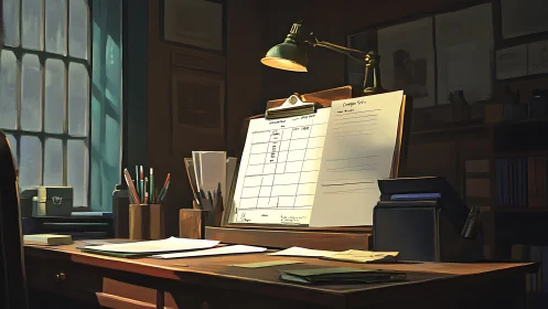 Wood desk workspace displays ledger under focused lamp light