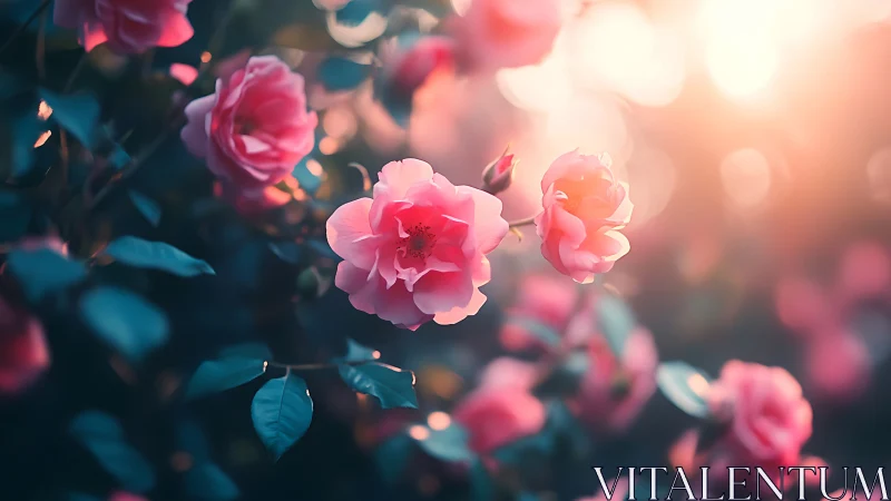 Luminescent Pink Roses with Bokeh Atmospheric Lighting