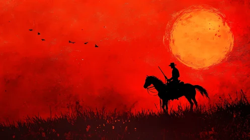 Cowboy on horseback against intense red sunset sky.