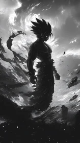 Monochrome anime warrior silhouette in swirling storm vortex