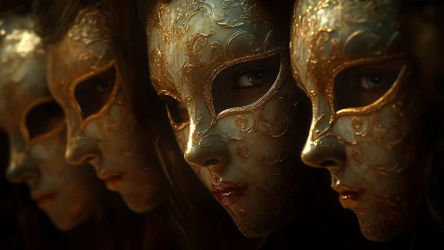 Gilded masks trade whispered glances in a velvet-dark corridor