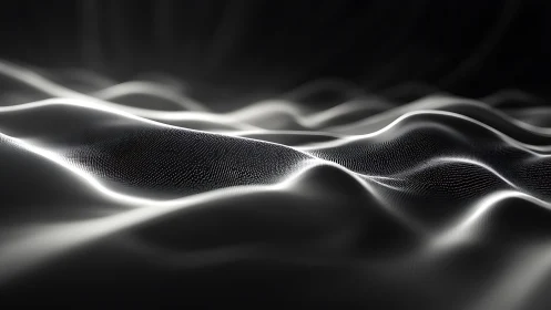 Glowing digital waves flow across a dark abstract landscape