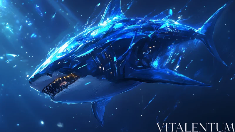 Glowing cybernetic shark streaking through deep blue waters.