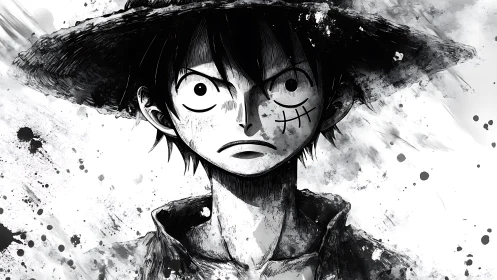 Straw hat warrior portrait in bold black ink splatter style.
