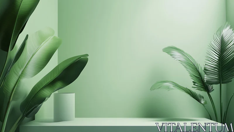 Monochrome mint interior with tropical foliage and plinths