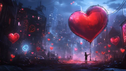 Neon Hearts Float Through Dystopian Cityscape at Dusk