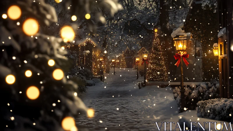 Snow-covered village street with lit holiday decorations.