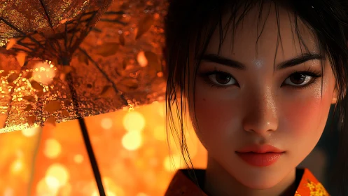 Warm autumn gaze beneath a softly glowing umbrella.