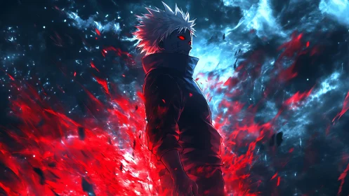 Backlit anime warrior channels dual red-blue elemental energy