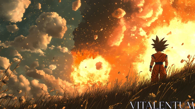 Warrior silhouette observing explosive cosmic skyscape.