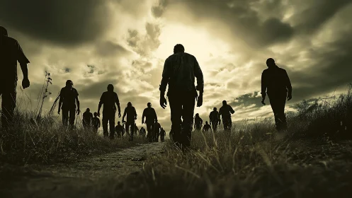 Silhouetted figures walk along rural path under overcast sky