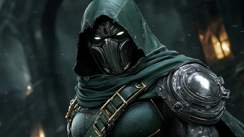 Hooded techno-knight with armored mask and emerald eye glow