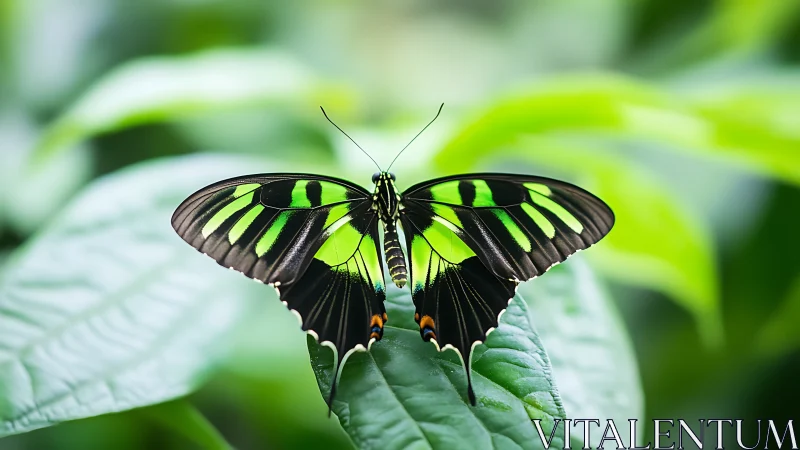 Green-banded butterfly wings spread on lush leaf surface.