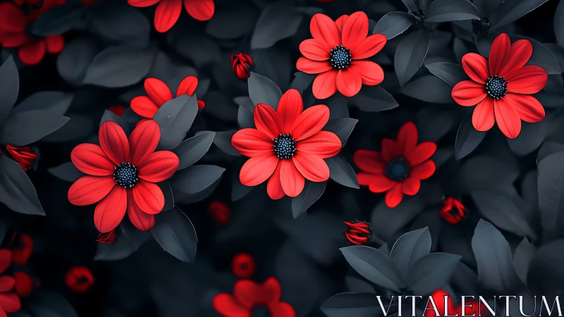 Red daisy flowers bloom among dark foliage in garden