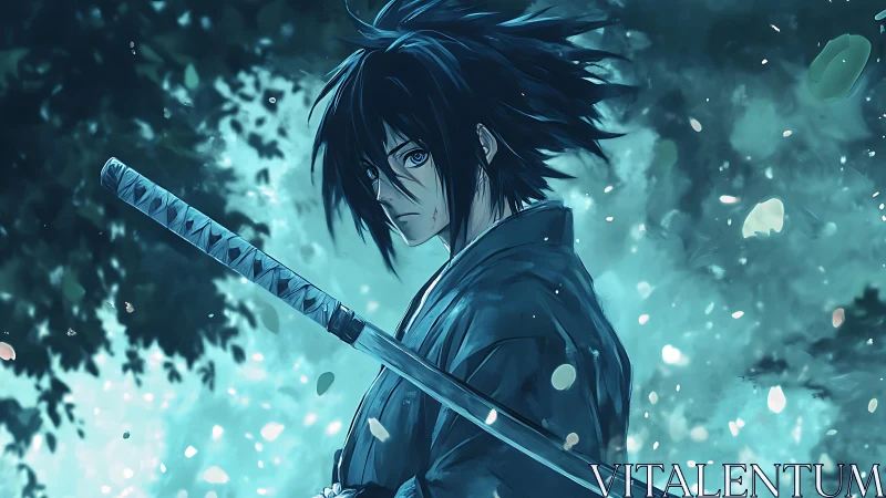 Sword-wielding anime warrior stands in blue forest glow