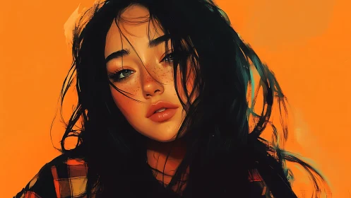 Digital portrait of freckled woman on vivid orange background.