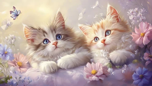 Two fluffy kittens amid flowering plants and butterfly.