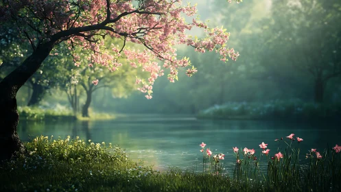 Blossom-laden tree dreaming above a misty emerald river.