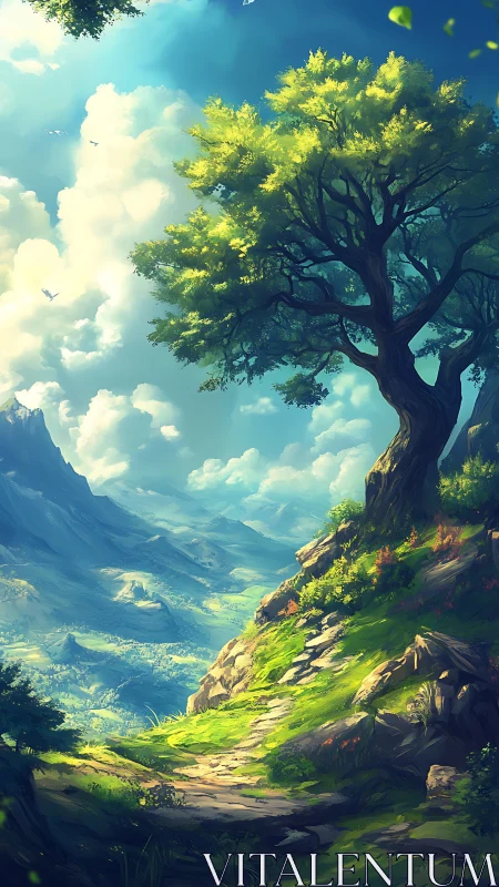 Sunlit mountain path with towering tree and vast valley.
