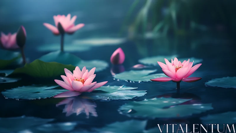 Pink Water Lilies with Submerged Petals and Reflective Pool Surfaces