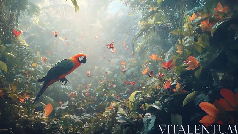 Bright macaw resting in a lush, dreamlit jungle sanctuary.