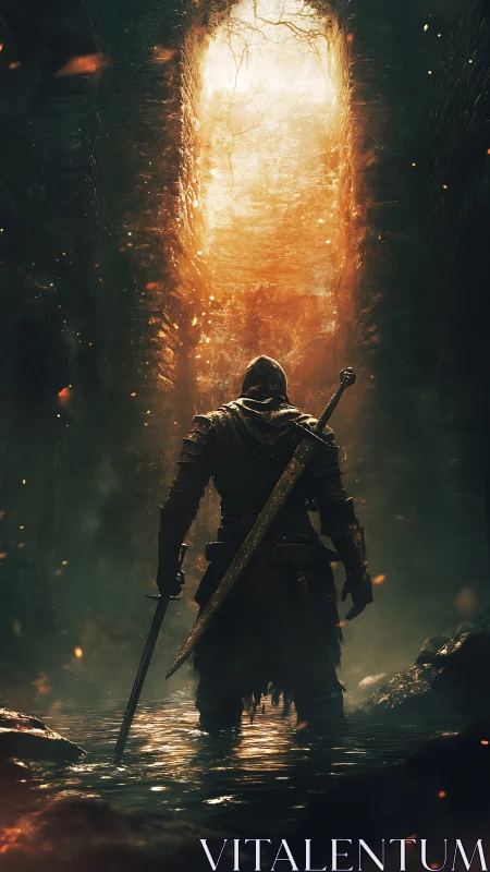 Armored warrior approaches blazing shaft of light in ruin