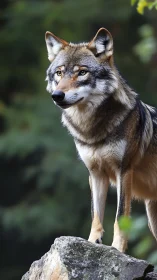 Gentle forest wolf pausing on a sunlit rocky lookout point.