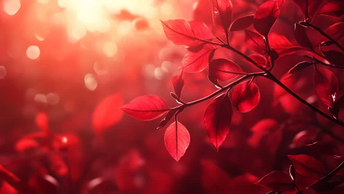 Sunlit crimson leaves glow softly in a warm autumn haze
