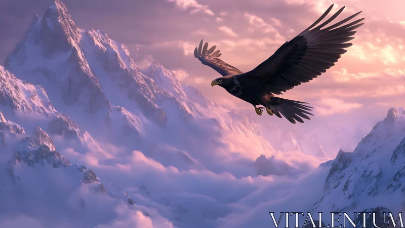 Majestic Eagle Soaring Above Snowy Mountains at Sunrise, Digital Art.