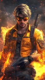 Tactical gunfighter in orange jacket strides through engulfing fire