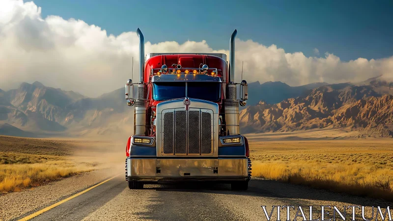 Red blue semi truck powers through desert highway mountains