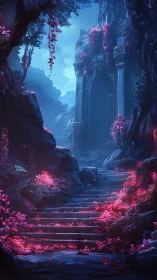 Enchanted stone stairway ascends toward a luminous ruined gate