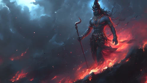 Mythic warrior strides through volcanic fire with cinematic rim lighting