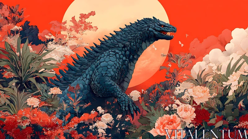 Large reptilian creature moves through dense floral landscape