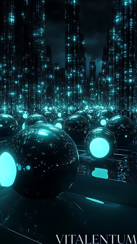 Glowing cyan spheres in reflective cybernetic data cityscape