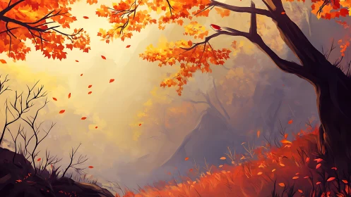 Autumn landscape with falling leaves and silhouetted trees.