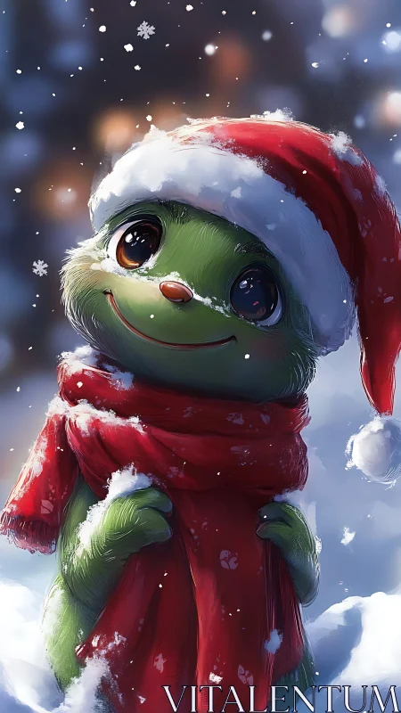 Green creature in Santa attire gazes upward amid soft snowfall