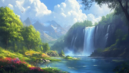 Mountain river valley with waterfall and forest landscape.
