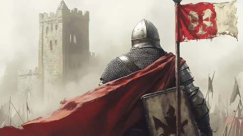 Armored knight observes besieged stone castle through mist