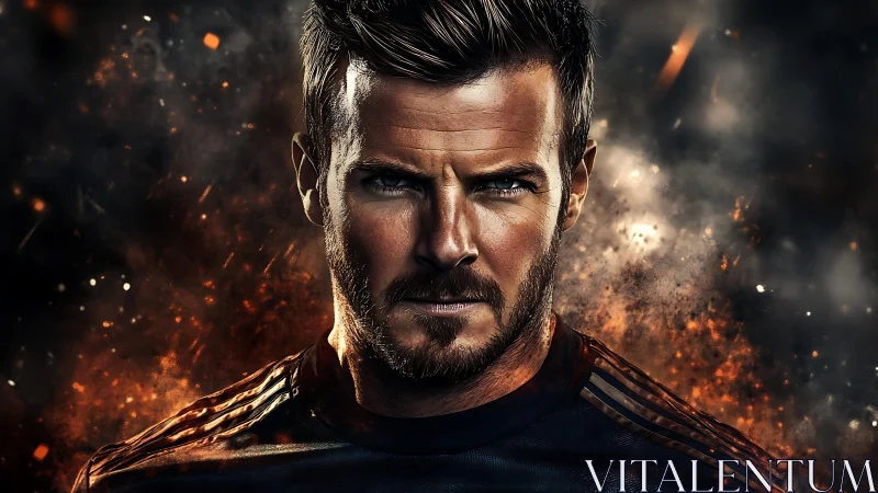 Male subject portrait in dark sportswear amid sparks effect.