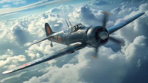 Vintage warplane gliding through sunlit clouds in calm skies.