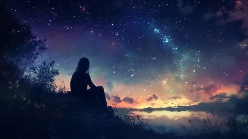 Silhouetted figure observing nebula-rich twilight night sky