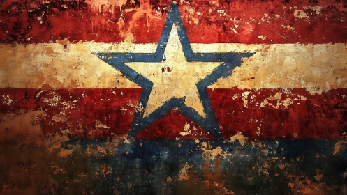 Weathered blue star over distressed red gold stripes.