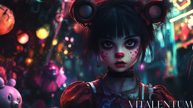 Neon-lit doll-like girl confronts the viewer in surreal city night.