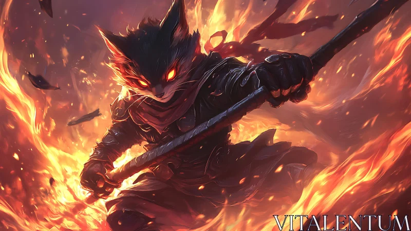 Armored feline warrior with staff amid surrounding flames.