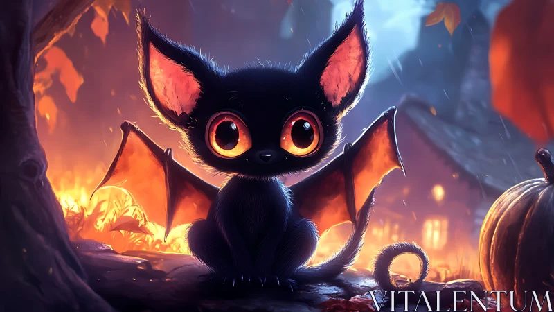 Small bat-like creature on log in autumn night scene.